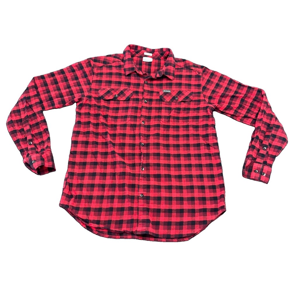 Columbia Flannel Button Up Mens L Red Black Buffalo Plaid Omni-Wick Regular Fit
